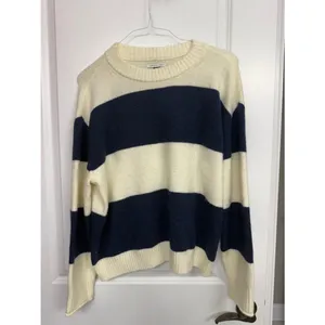 American Eagle Cream Navy Striped Oversized Crewneck Sweater L thumbnail 3