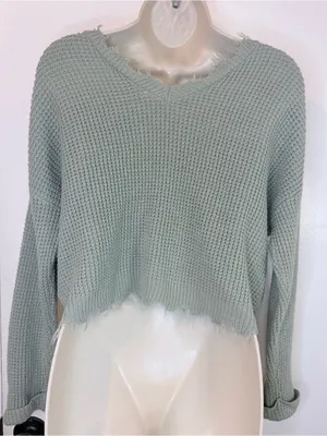Moon & Madison Waffle Knit Crop Sweater Sage Green Distressed Hem Size M thumbnail 7
