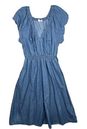 GAP Large Womens Dress Puff Sleeve Denim Midi‎ V-Neck 100% Cotton Medium Wash thumbnail 1