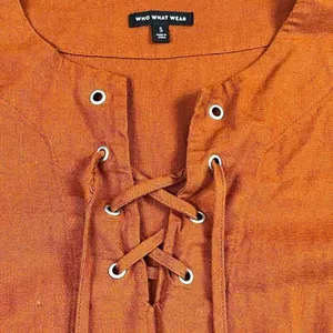 Who What Wear Burnt Orange Linen Blend Lace-Up Neckline Puff Sleeve Dress Small thumbnail 12