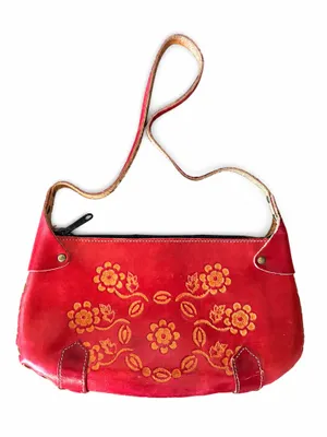Red Embossed Floral Leather Shoulder Bag Artisan Boho Purse thumbnail 3