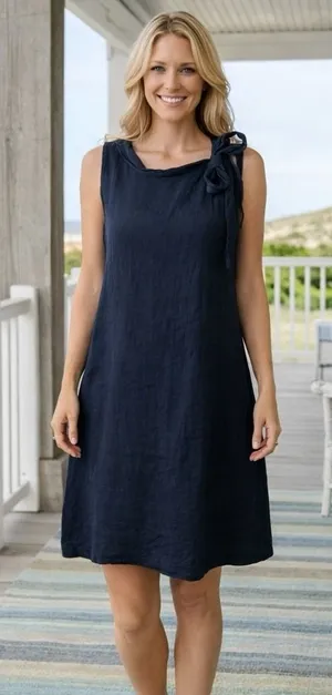 Unbranded‎ 100% Linen Made In Italy Tie Neck A-Line Dress Resort Travel Luxury S thumbnail 1