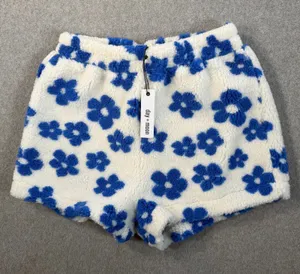 Day + Moon Size Small Cream Blue Floral Sherpa Fleece Lounge Shorts High Rise thumbnail 1