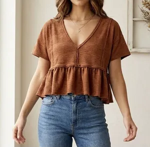 Altar'd State V-neck short-sleeve Boho ruffled hem Peplum Rust Size S Crop Shirt thumbnail 1