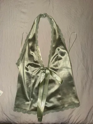 Silky Lace Trim Top- Sage Green thumbnail 1