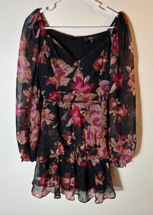 Lulus Dramatically Dreamy Black Floral Chiffon‎ Tiered Lurex Mini Dress Medium thumbnail 1