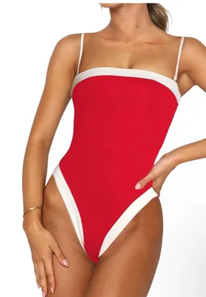 Roevite Red White Contrast High Cut One‎ Piece Swimsuit XL Tie Back Padded thumbnail 1