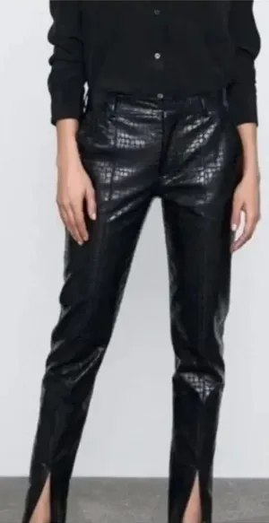ZARA Faux Leather Trouser Pants Crocodile Embossed Front Hem Slit Black Zara all thumbnail 1