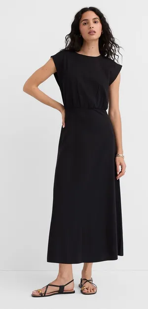 LOFT Black Cap-Sleeve Maxi Dress with Gathered Waist thumbnail 1