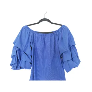 Zara Tiered Ruffle Off Shoulder Top XS Blue Pinstripe Retro European Coastal thumbnail 5