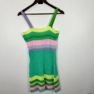 Crochet Knit Mini Dress‎ XS Rainbow Stripe Mesh Y2K Festival Rave Beach Indie thumbnail 4