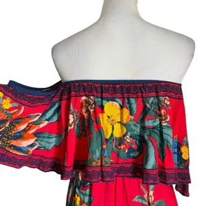 Flying Tomato Tropical Print Off The Shoulder Red Maxi Dress Womens XS Flowy Beach Vacation thumbnail 3