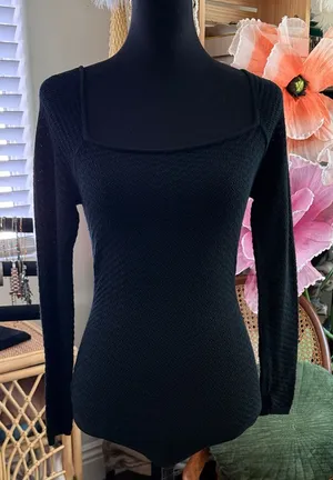 Abercrombie & Fitch Black Pointelle Knit Long Sleeve Square Neck Body Suit thumbnail 1