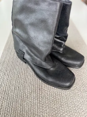ENVY Fun Police Black Leather Foldover Mid Calf Moto Biker Boots Silver Studs thumbnail 4