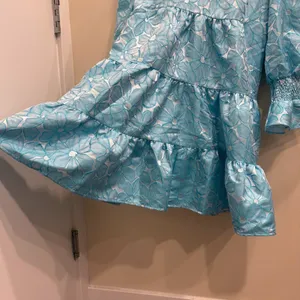 Pomander Place Blue Floral Jacquard Kenzo Tiered Mini Babydoll Dress‎ Medium NEW thumbnail 6