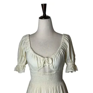Sabo Mini Dress Women XS Ivory Linen Blend Smocked Puff Sleeve Boho Peasant thumbnail 4