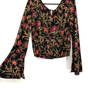 Free People Size M Scoop Neck Long Bell Sleeve Top Black and Yellow Floral Print thumbnail 3