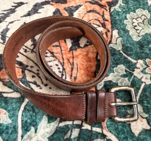 Vintage Chunky Brown Genuine Leather Belt with Solid Brass Buckle Silver Size 34 thumbnail 1