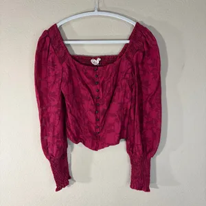 Anthropologie Pink Floral Ruffle Blouse Smocked Puff Sleeve Sz XS Cottagecore thumbnail 4