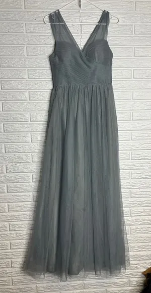 Birdy Grey Tulle Maxi Dress Womens‎ XS Blue Good Pleated V-Neck Bridesmaid Gown thumbnail 1