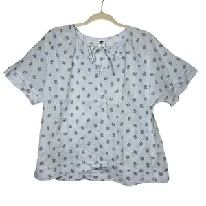 Melrose and Market Womens Light Blue Floral Tie‎ Neck Short Sleeve Top Medium thumbnail 1
