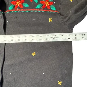 Bechamel Black Knit Button Christmas Cardigan Womens Small Poinsettia VTG FLAW‎ thumbnail 10
