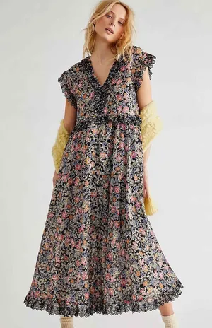 Free people Bohemian Floral Milania Maxi Dress Dark Combo Maxi Top Duster Small thumbnail 1