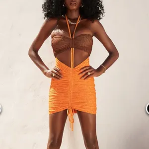 Mistress Rocks let Me Go Chocolate Orange Print Ruched Halter Mini Dress Size XS thumbnail 3