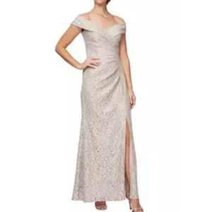 Alex Evenings Ivory Beige Glitter Lace Off Shoulder Formal‎ Maxi Dress Size 10 thumbnail 2