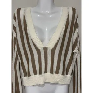 Honey Belle Sweater Womens Med Crop Top Tight Knit Brown & Ivory thumbnail 1