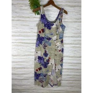 Vintage Quirky Roses and Postcards Print Linen Blend Sleeveless Dress thumbnail 1