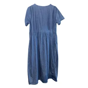 Vintage Embroidered Denim Jumper Dress‎ Women's Medium Maxi Floral Cottage ~Flaw thumbnail 4