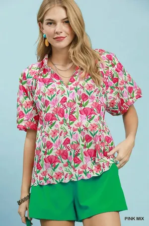 Umgee Floral Puff Sleeve Blouse with Scalloped Details - Medium‎ thumbnail 1