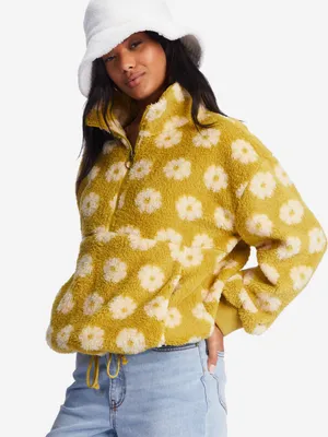 Billabong time off half zip pullover yellow and white daisy floral print XS thumbnail 1