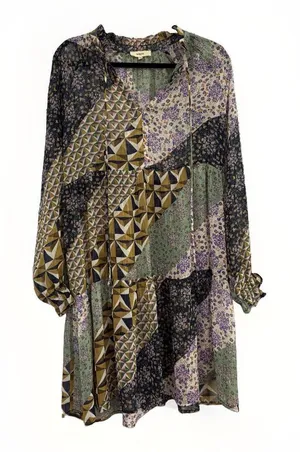 Suncoo Paris Dress Size Medium T2 Mini Sheer Patchwork Geometric Long Sleeve Purple thumbnail 1
