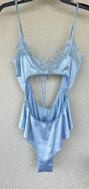 NWT Skims Baby Blue Satin Lace Trim Cut Out Bodysuit Lingerie Size L Sexy Angel thumbnail 1
