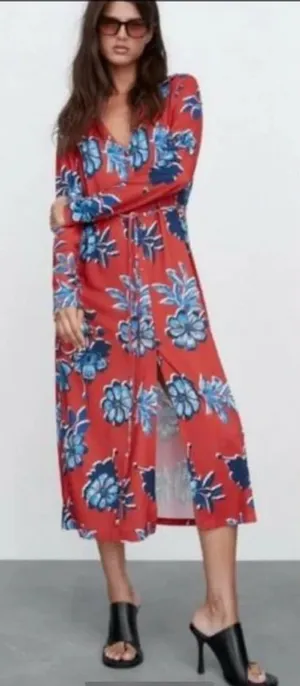 Zara Floral button‎ down midi dress size S thumbnail 1