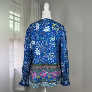 Royal Blue Multicolored Floral Print Double Tie Neck Bishop Sleeve Blouse thumbnail 6