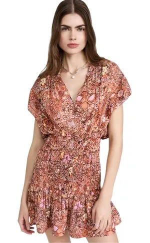 ALC Frank Carly Smocked Print 100% Silk Mini Dress Sorbet Floral Multicolor Size 6 thumbnail 1