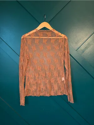 Sheer Floral Lace Mock Neck Long Sleeve Mesh Top Romantic Boho Y2K Brown Size XL thumbnail 2