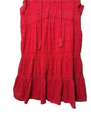 Knox Rose Red Boho Cotton Tiered Mini Dress Crochet Lace Tassel Tie Medium thumbnail 4