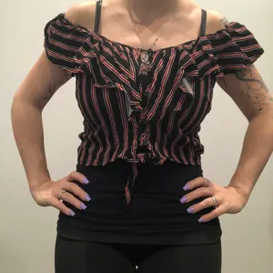 NWT Ambiance Large Black Red‎ White Striped Crop Top Off the Shoulders thumbnail 1