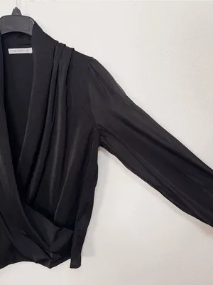 Miss Sparkling Black Satin Surplice Wrap Blouse Draped Long Sleeve Elegant Top thumbnail 5