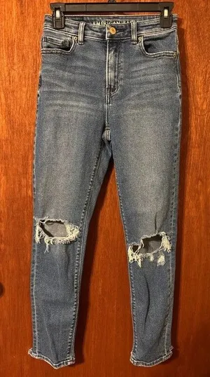 American Eagle Jeans Women 00 Mom Jean Hi-Rise Distressed Whiskered Denim Pants thumbnail 1