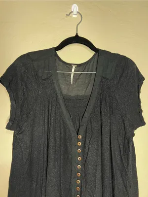 Free People Highland Black Boho Lagenlook Flowy Button Front Oversized Tunic Top thumbnail 3
