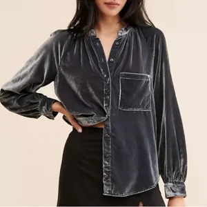 Anthropologie Pilcro Velvet Femme Button Down Crushed Velvet Top in Gray thumbnail 1