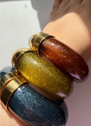 Bold gold and blue chunky statement bangle bracelet resin and stainless steel thumbnail 6