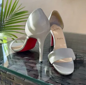 Christian Louboutin Light Grey Leather Open-Toe Stiletto Heels with Red Sole thumbnail 1