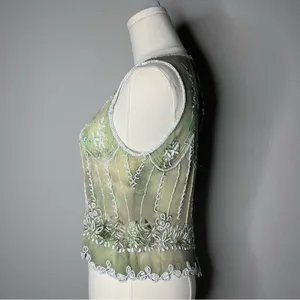 Vintage Green Silk Heavy Beaded Sleeveless Top Boho Fairycore Chic Forest Nymph thumbnail 2
