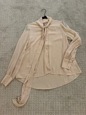 NWT For Love & Lemons Beige Chiffon Tie Neck Long Sleeve Button Down Blouse XS thumbnail 8